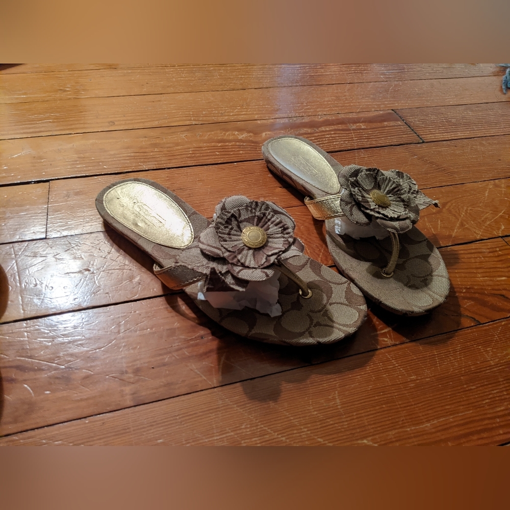 Coach open toe sandals, gold/brown logo sz 8